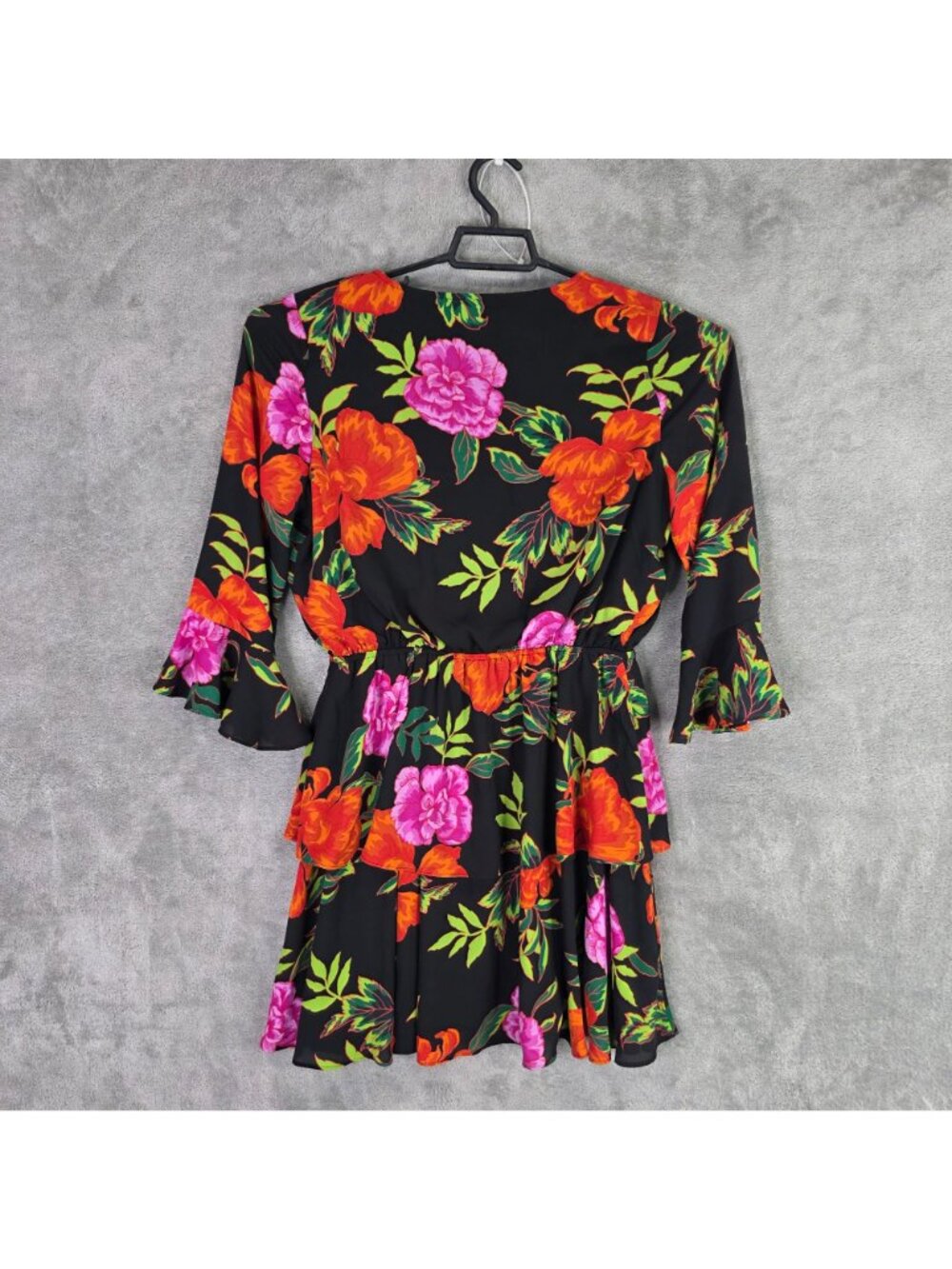 Womens Express Black Floral Print Ruffle Sleeve Dress Polyester Round Neck M - Picture 4 of 7